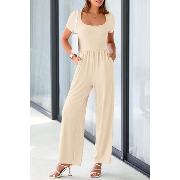 Women's Beige Summer Short Sleeve Square Neck Wide Leg Rompers Jumpsuits - Picture 6 of 8